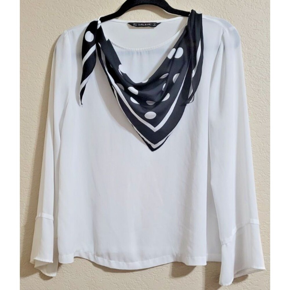 Zara Basics Women Sheer White Blouse Shirt Polka Dot Bandana Med. Western